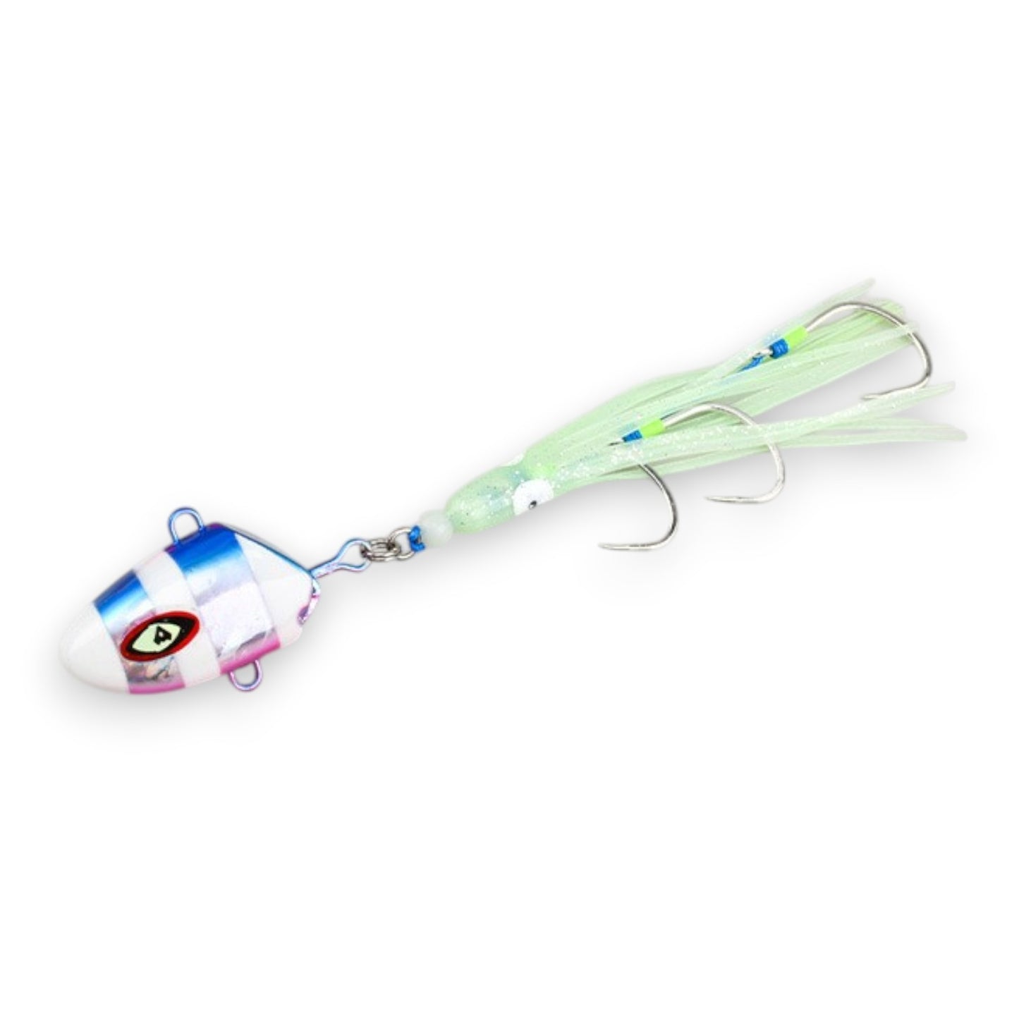 WBQ Tackle supplies Superse Tenya fishing lures with triple assist hooks, available in pink, blue, and yellow/white.