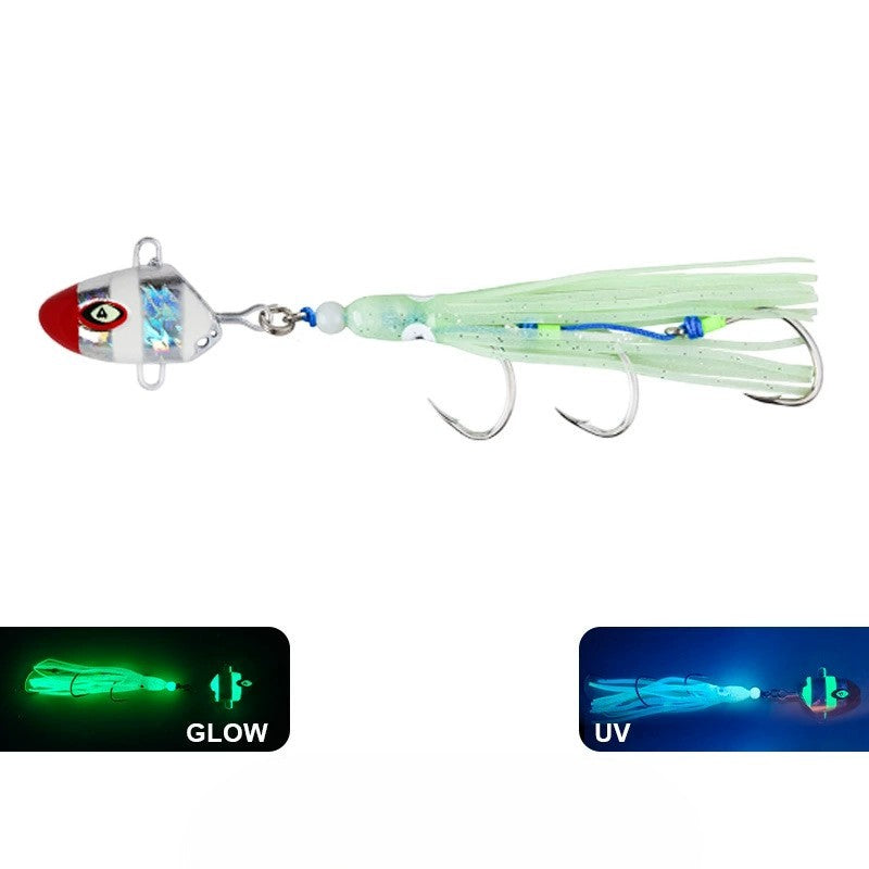 WBQ Tackle supplies Superse Tenya fishing lure with triple assist hook, glow-in-the-dark green skirt and silver/red head.