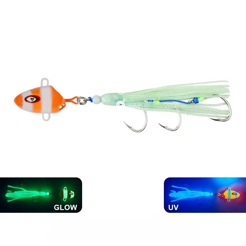 WBQ Tackle supplies Superse Tenya jig with orange and white head, glow-in-the-dark green skirt, and triple assist hooks.