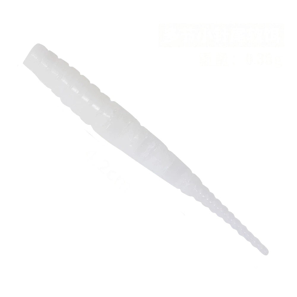 WBQ Tackle supplies Superse 1.5 inch white segmented soft plastic fishing lure with a thin tail