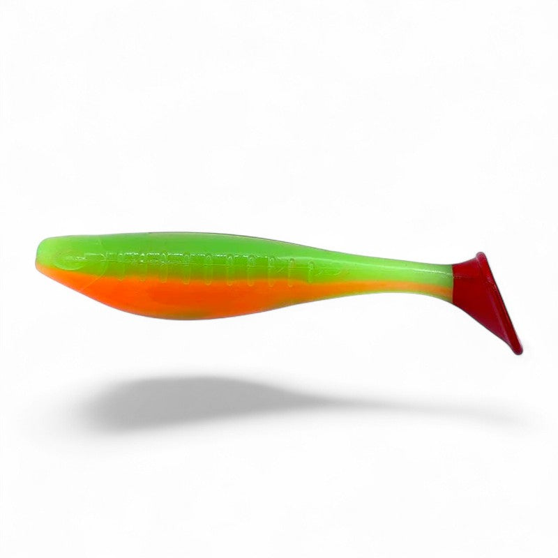 WBQ Tackle supplies Superse Wiggle Pop soft plastic fishing lure, green and orange with red tail, 3" or 4"