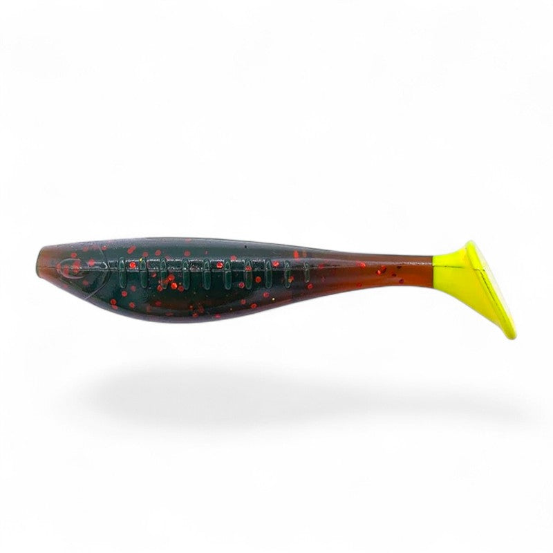 WBQ Tackle supplies Superse Wiggle Pop 3" soft plastic fishing lure, dark green with red flecks and yellow tail.