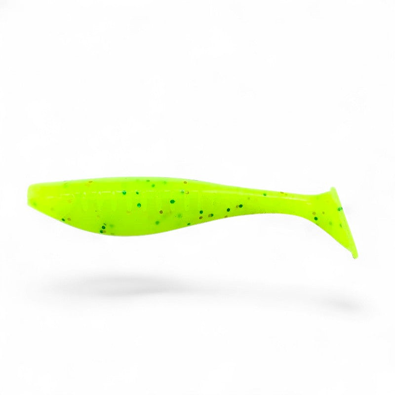 WBQ Tackle supplies Superse Wiggle Pop soft plastic fishing lure in neon green with flecks, T-tail design