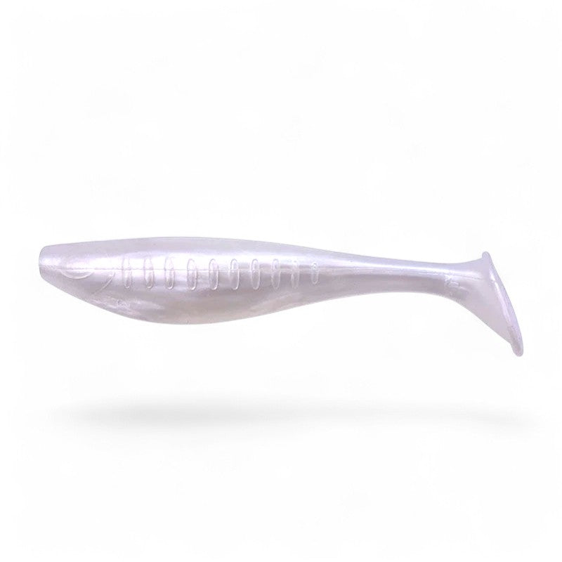 WBQ Tackle supplies Superse Wiggle Pop soft plastic fishing lure in pearl white with a T-tail for versatile performance.
