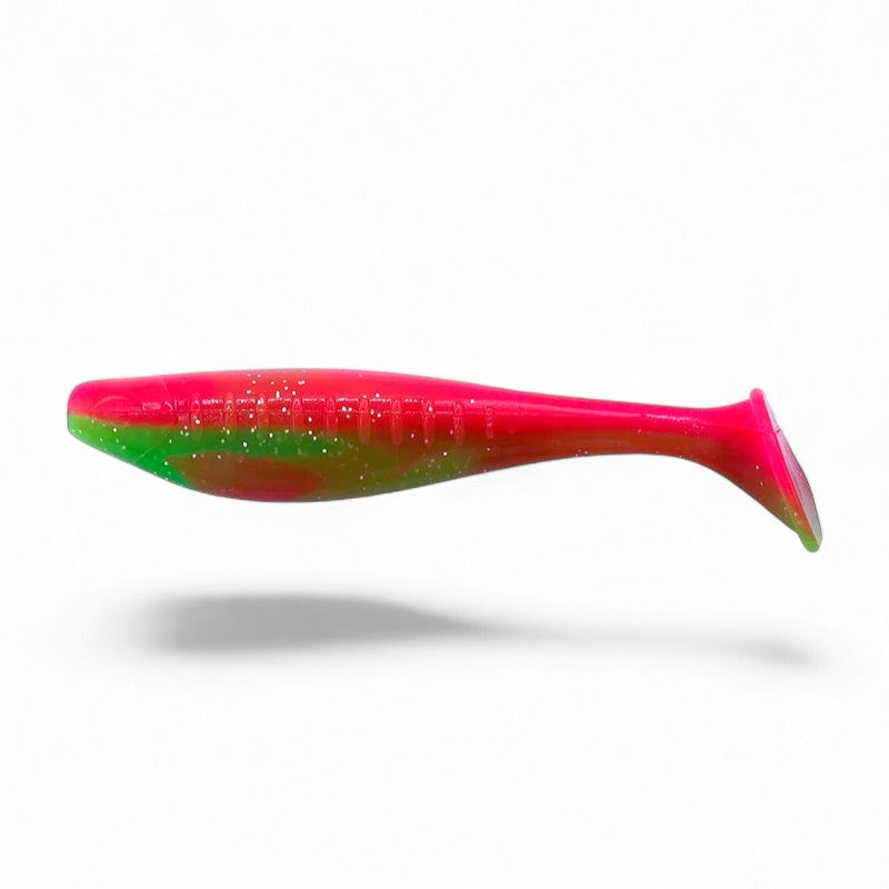 WBQ Tackle supplies Superse Wiggle Pop soft plastic fishing lure, pink and green with glitter accents, T-tail design