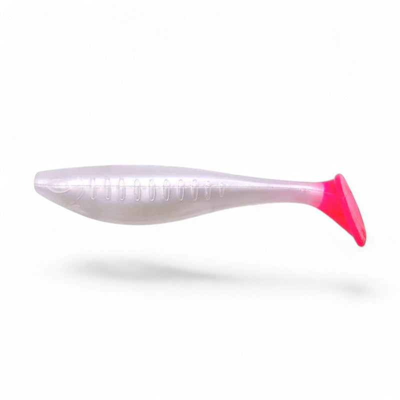 WBQ Tackle supplies Superse Wiggle Pop soft plastic fishing lure, 4 inch, pearl white with pink tail.