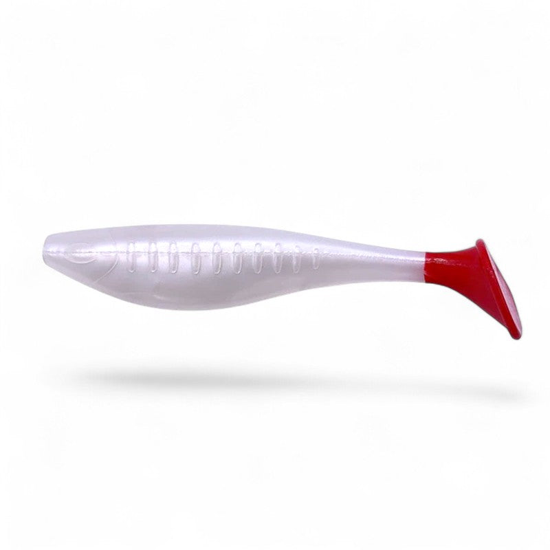 WBQ Tackle supplies Superse Wiggle Pop soft plastic fishing lure, white with red tail, 3" or 4" size options.