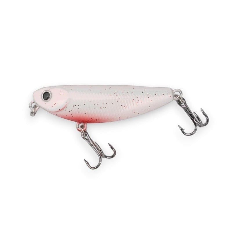 WBQ Tackle supplies white fishing lure with red accents and black speckles, featuring two treble hooks.